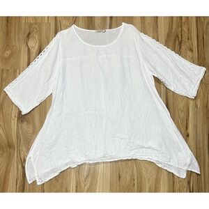 Valentina Naldi Linen Tunic Top Women 1X White Crochet Sleeve Lagenlook Italy